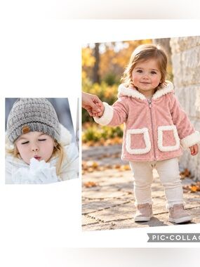 Little Lass Baby Girl 12M Pink Faux Fur Trim Hooded Jacket + Beanie